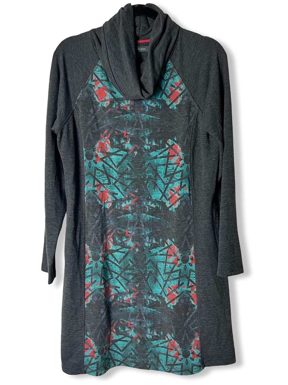 Title Nine Gidget Cowl Neck Long Sleeve Sweater Dress Gray Geometric Print Sz L